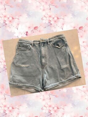 KanCan mom fit Light Blue High-Waist Distressed Denim Shorts